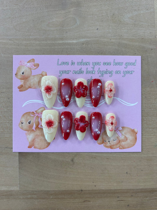 Light Yellow/Red Flower Almond Nails