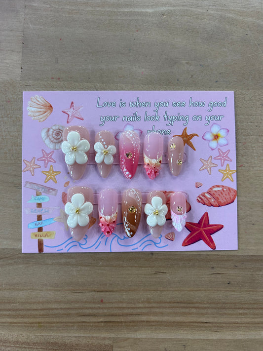 White Water Flower Almond Nails