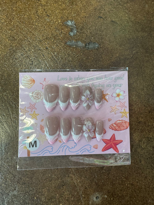 Pink French Flower Almond Nails