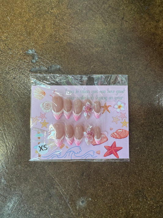 Pink French Flower Almond Nails