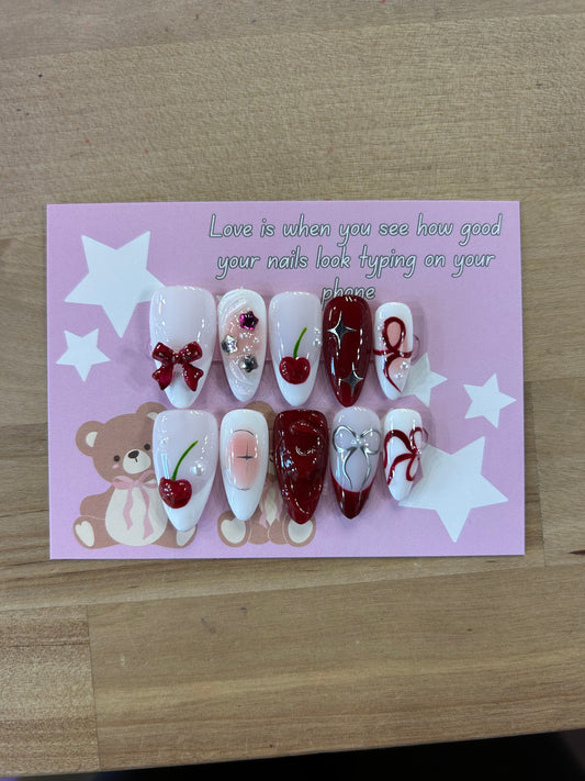 Red and White Cherry Bow Nails