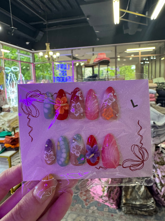 Multi Color Floral Almond Press Ons