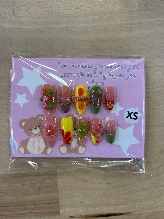 Yellow Green Red Flower Nails