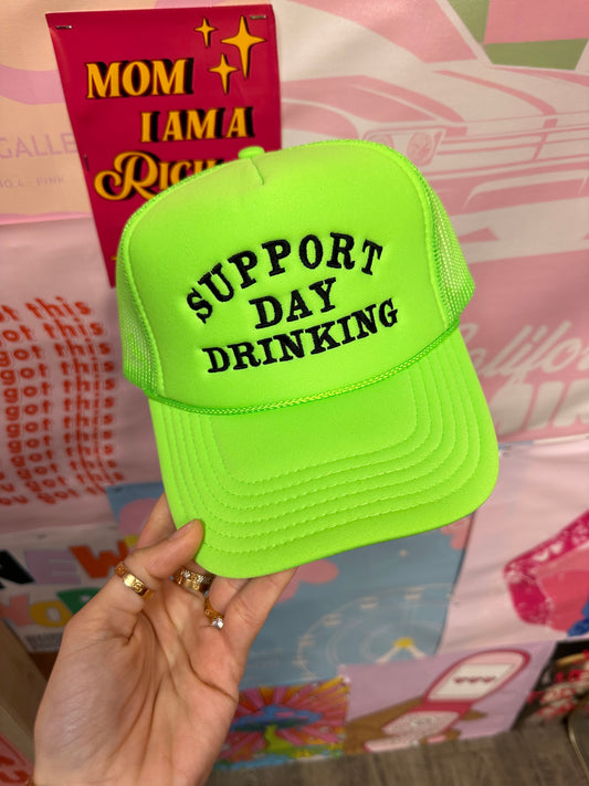 Support Day Drink Trucker Hat: Neon Green/Black