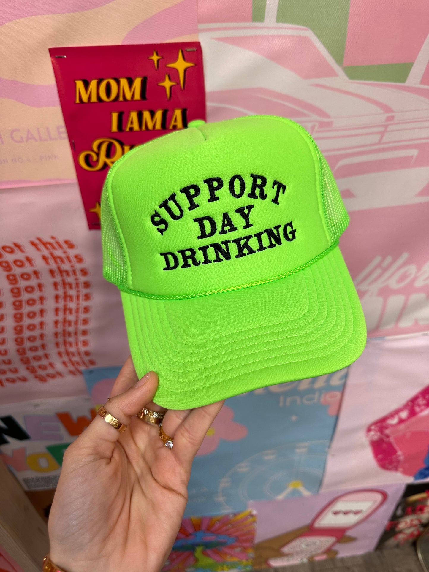 Support Day Drink Trucker Hat: Neon Green/Black