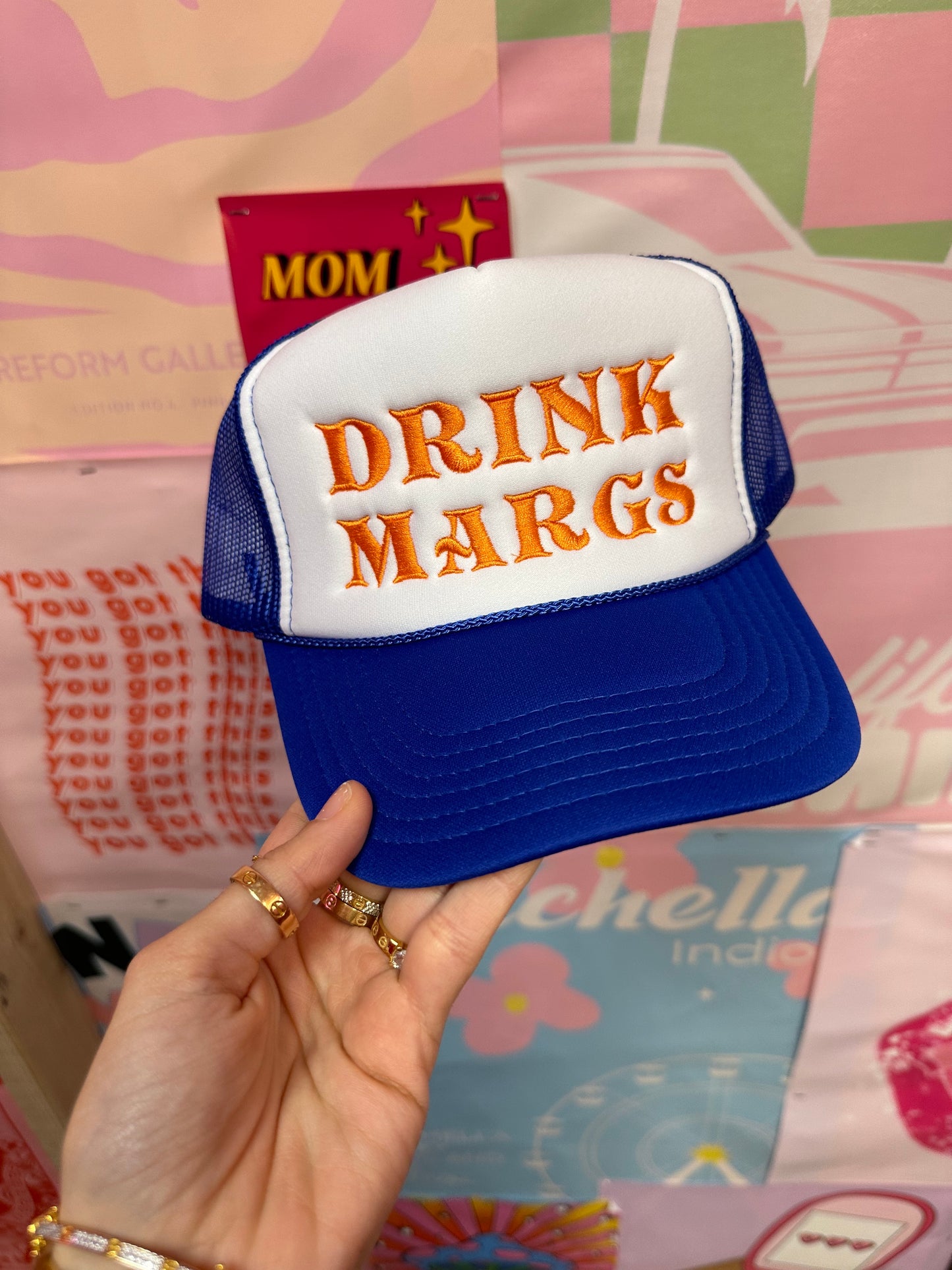 Drink Margs Trucker Hat: Blue/Orange