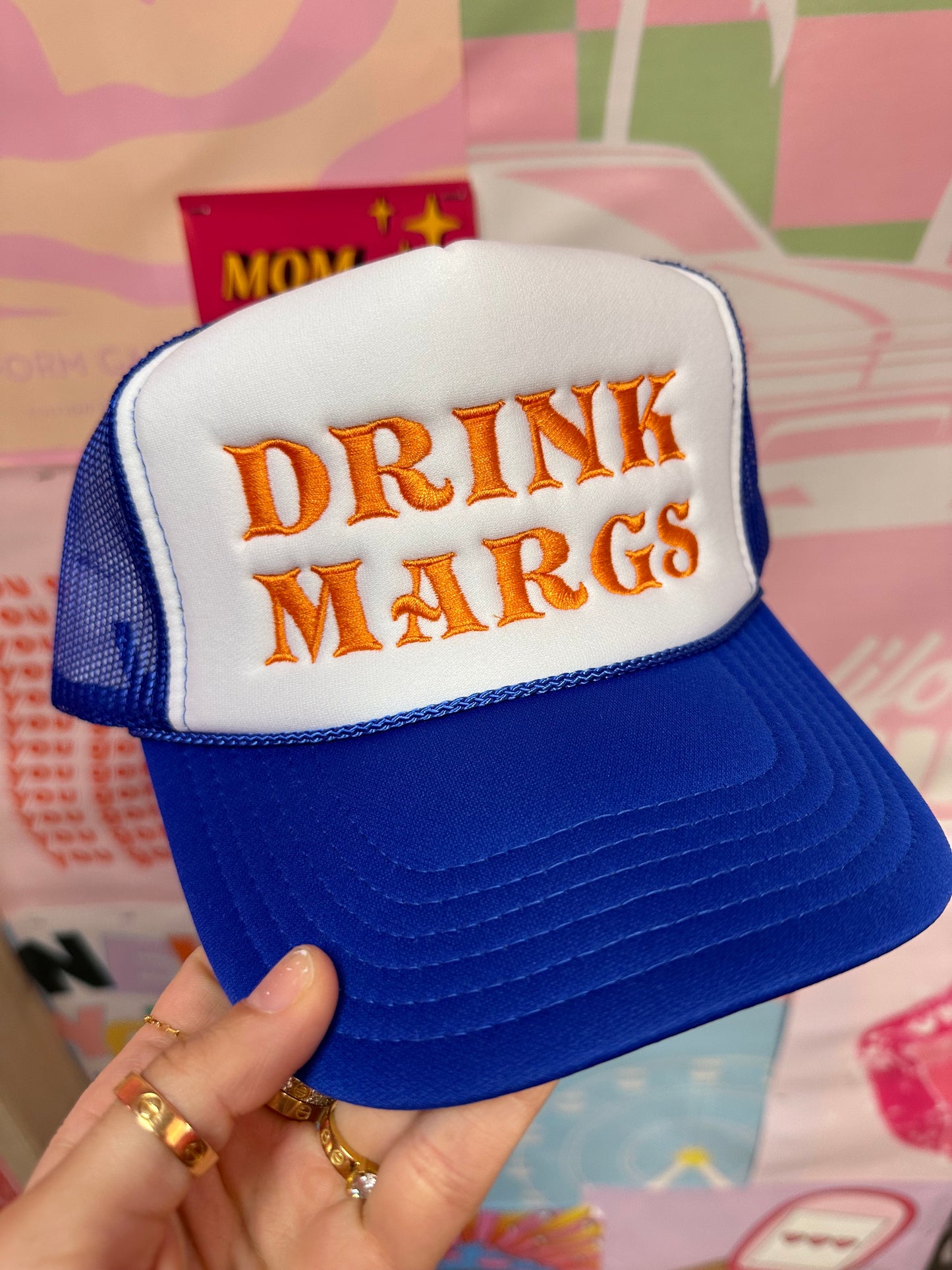 Drink Margs Trucker Hat: Blue/Orange