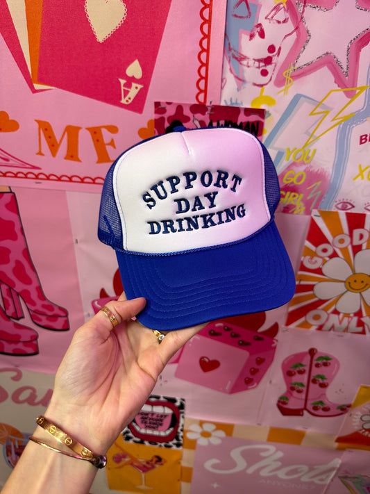 Support Day Drinking Trucker Hat: Blue/Blue