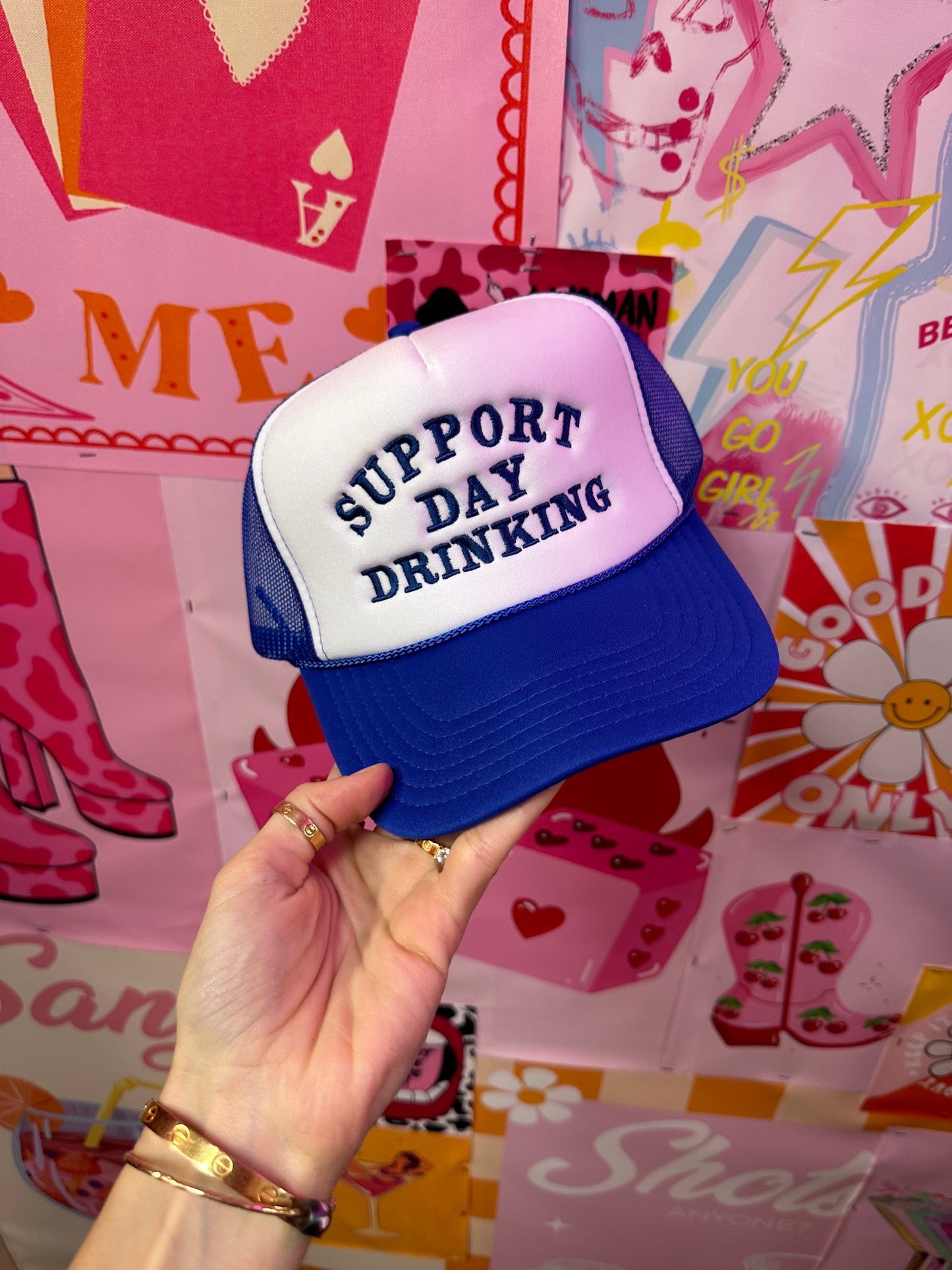 Support Day Drinking Trucker Hat: Blue/Blue