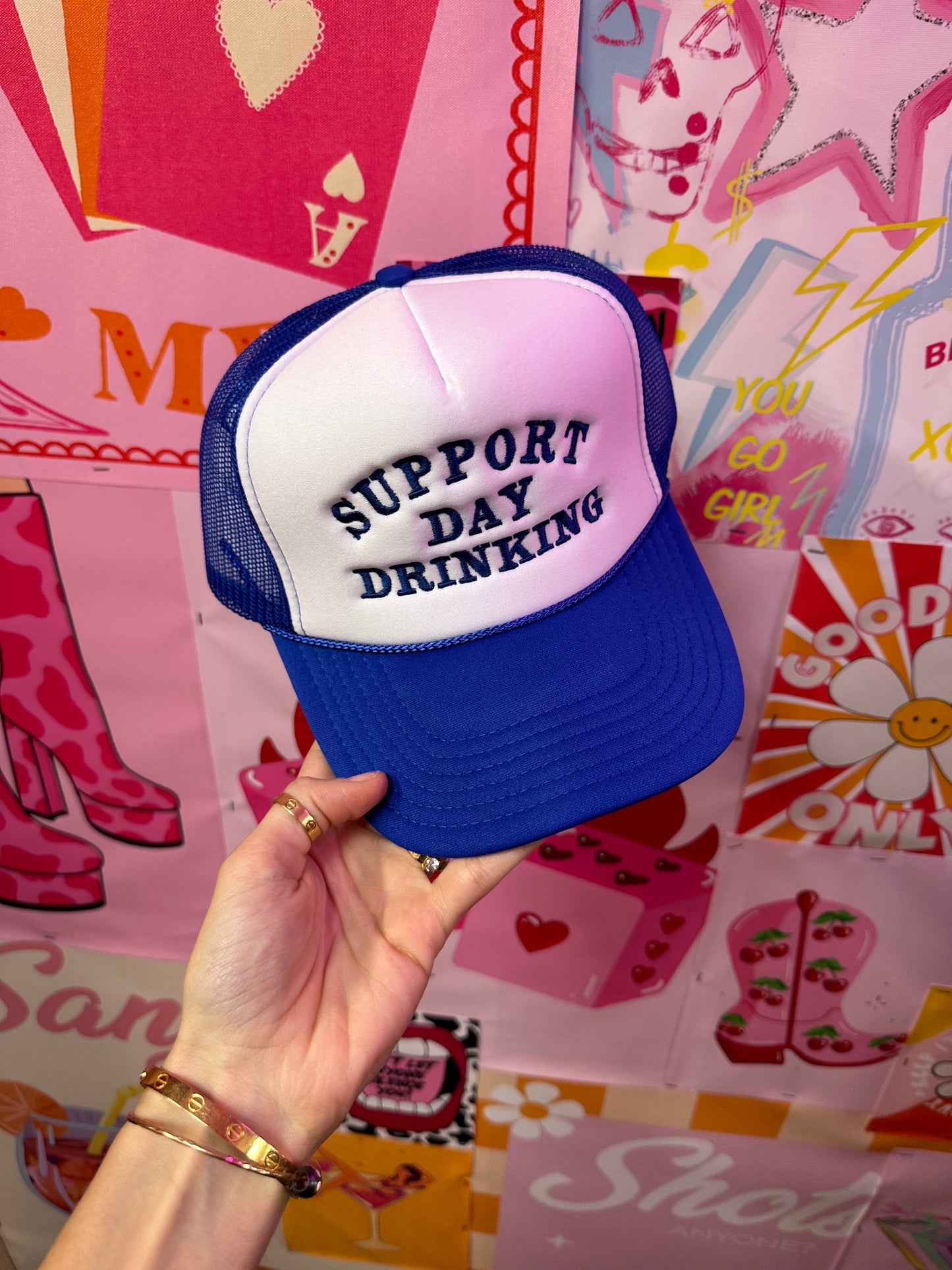 Support Day Drinking Trucker Hat: Blue/Blue