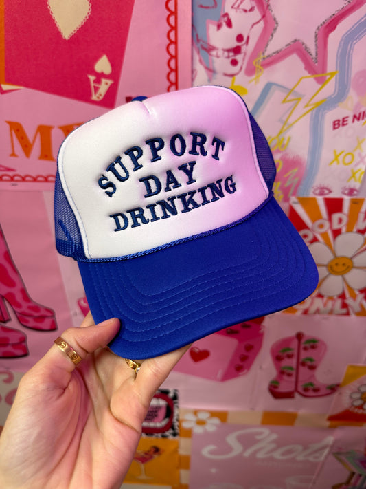 Support Day Drinking Trucker Hat: Blue/Blue