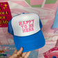 Happy To Be Here Trucker Hat: Blue/Pink