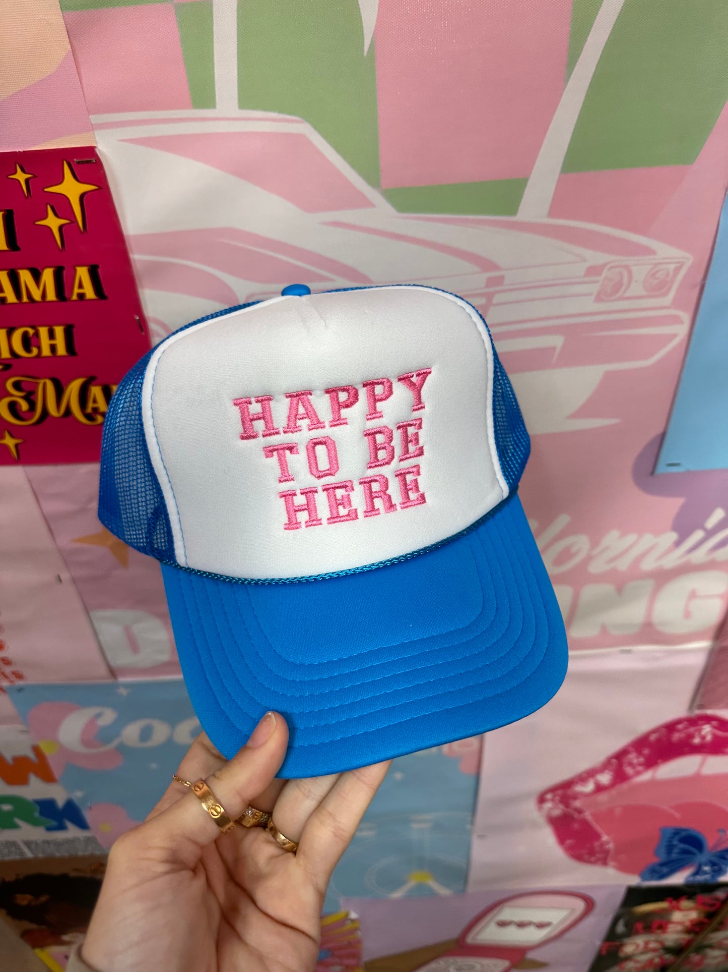 Happy To Be Here Trucker Hat: Blue/Pink