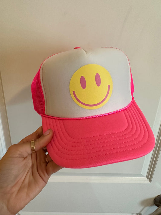 Smiley Face Trucker Hat Pink