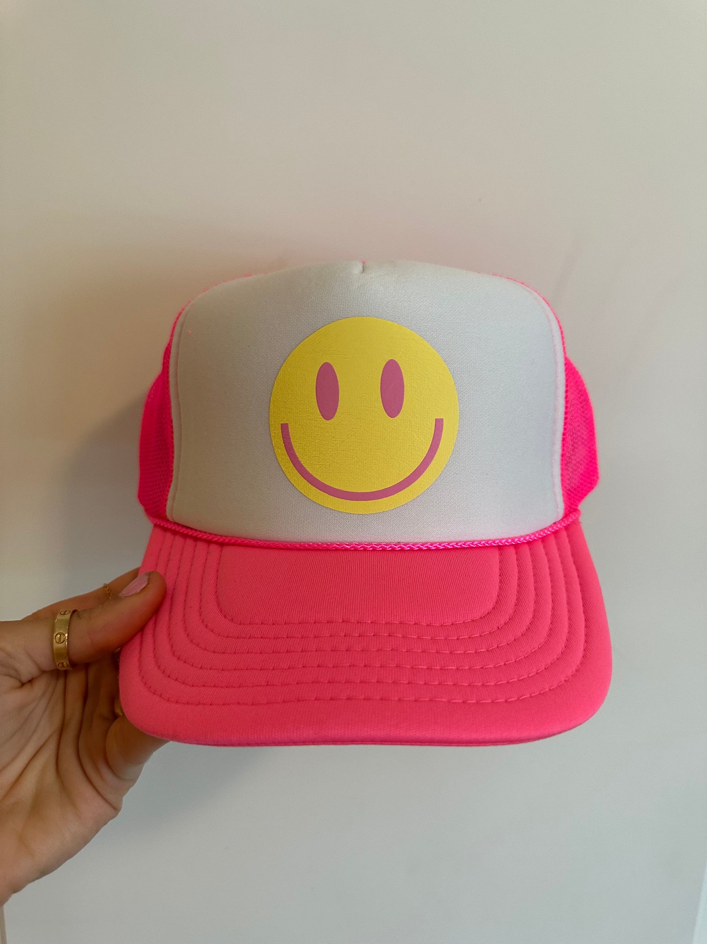 Smiley Face Trucker Hat Pink