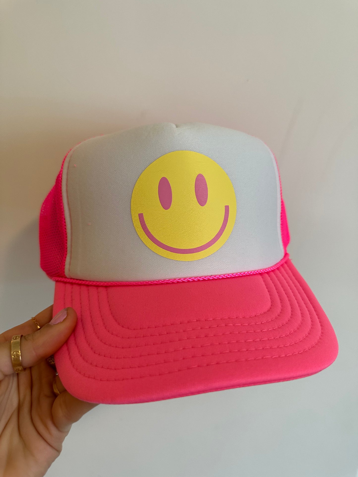 Smiley Face Trucker Hat Pink