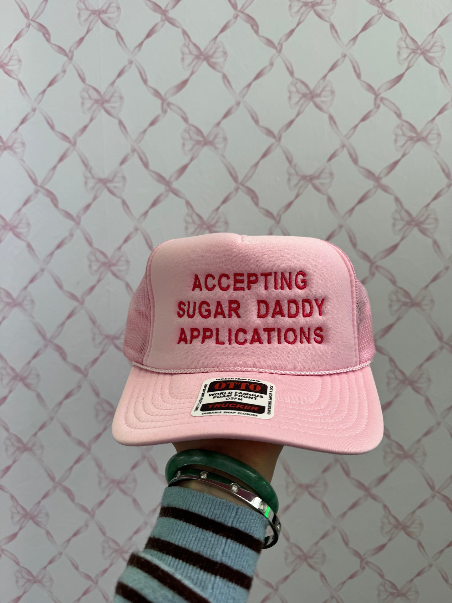 Accepting sugar daddy Baby Pink Trucker Hat