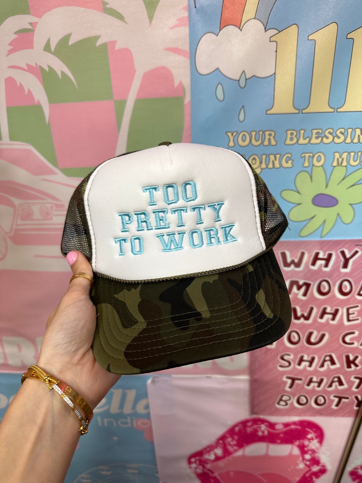 Too Pretty To Work Trucker Hat: Camo/Blue