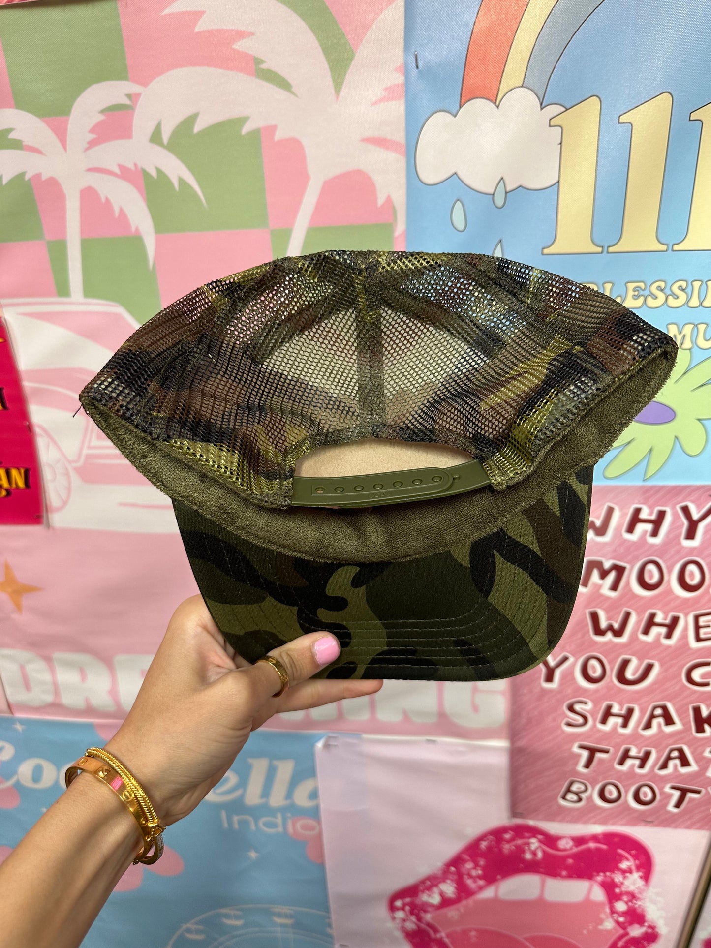 Too Pretty To Work Trucker Hat: Camo/Blue