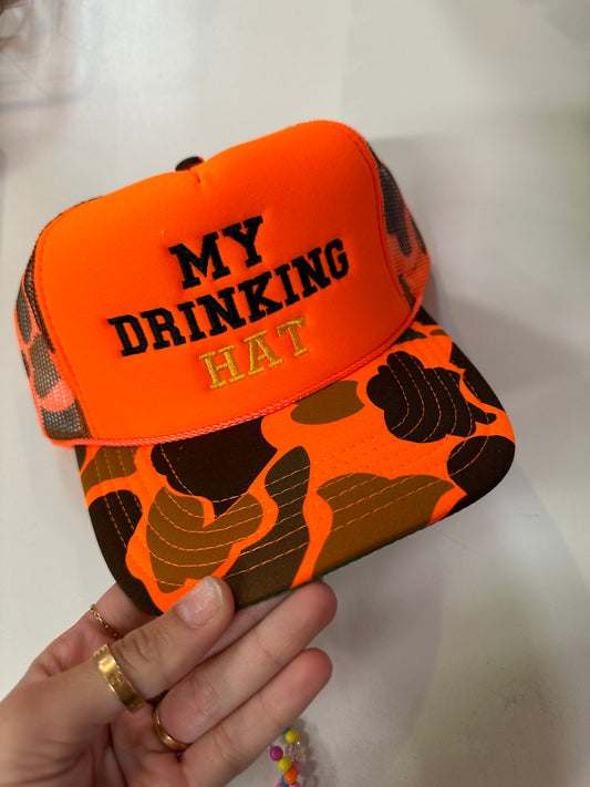 My Drinking Hat Trucker Hat: Orange Camo/Black