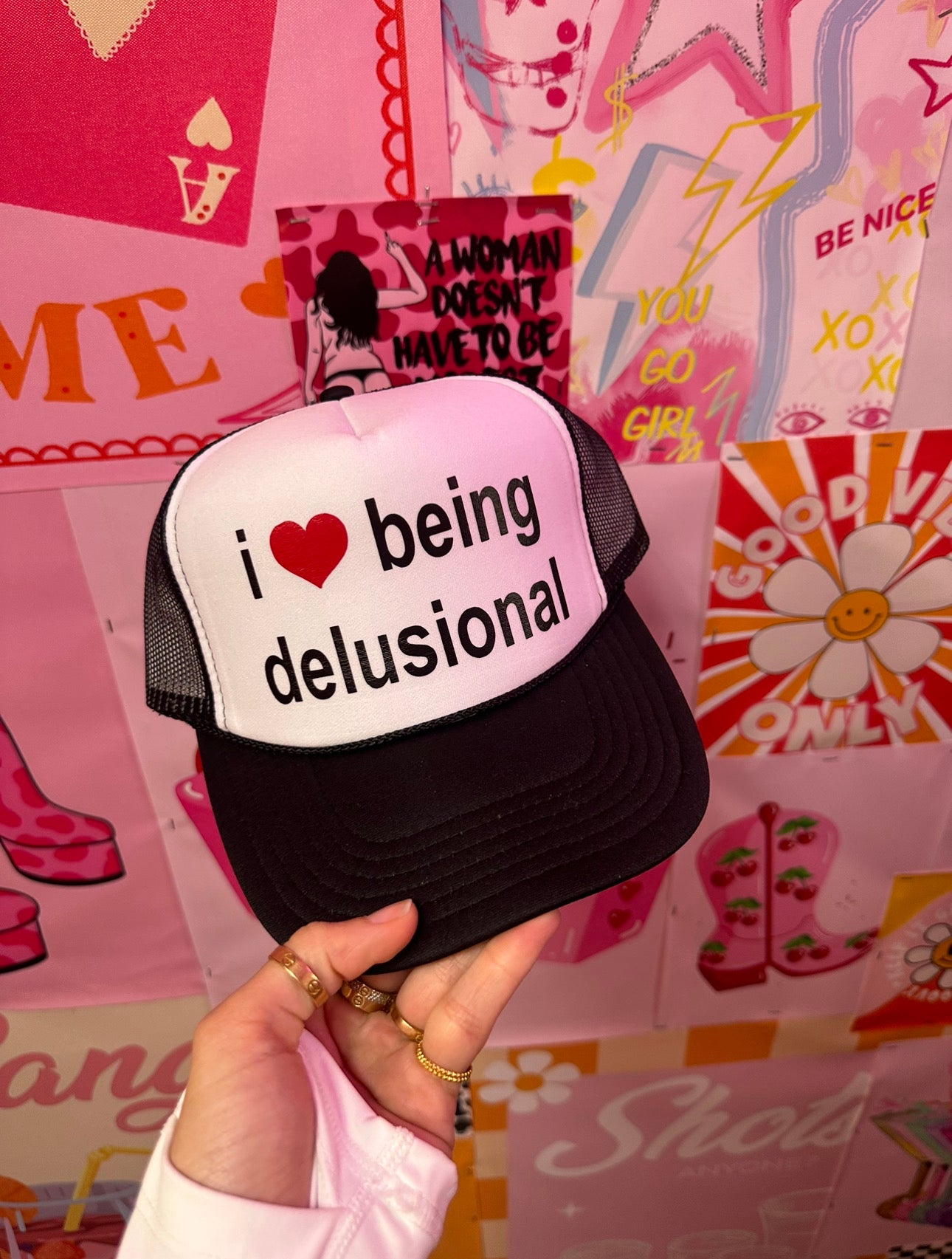 I Love Being Delusional Black/White Trucker Hat