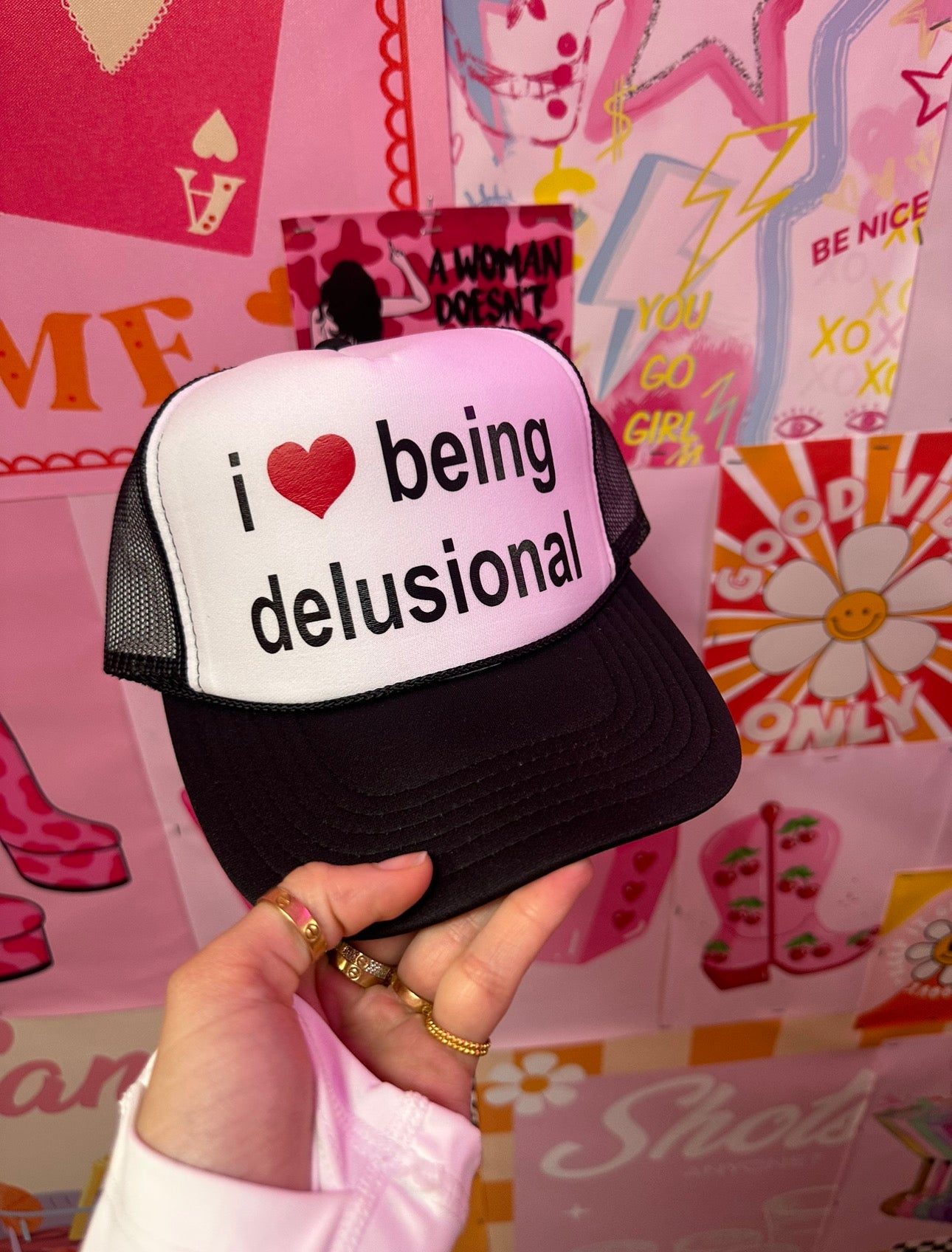 I Love Being Delusional Black/White Trucker Hat