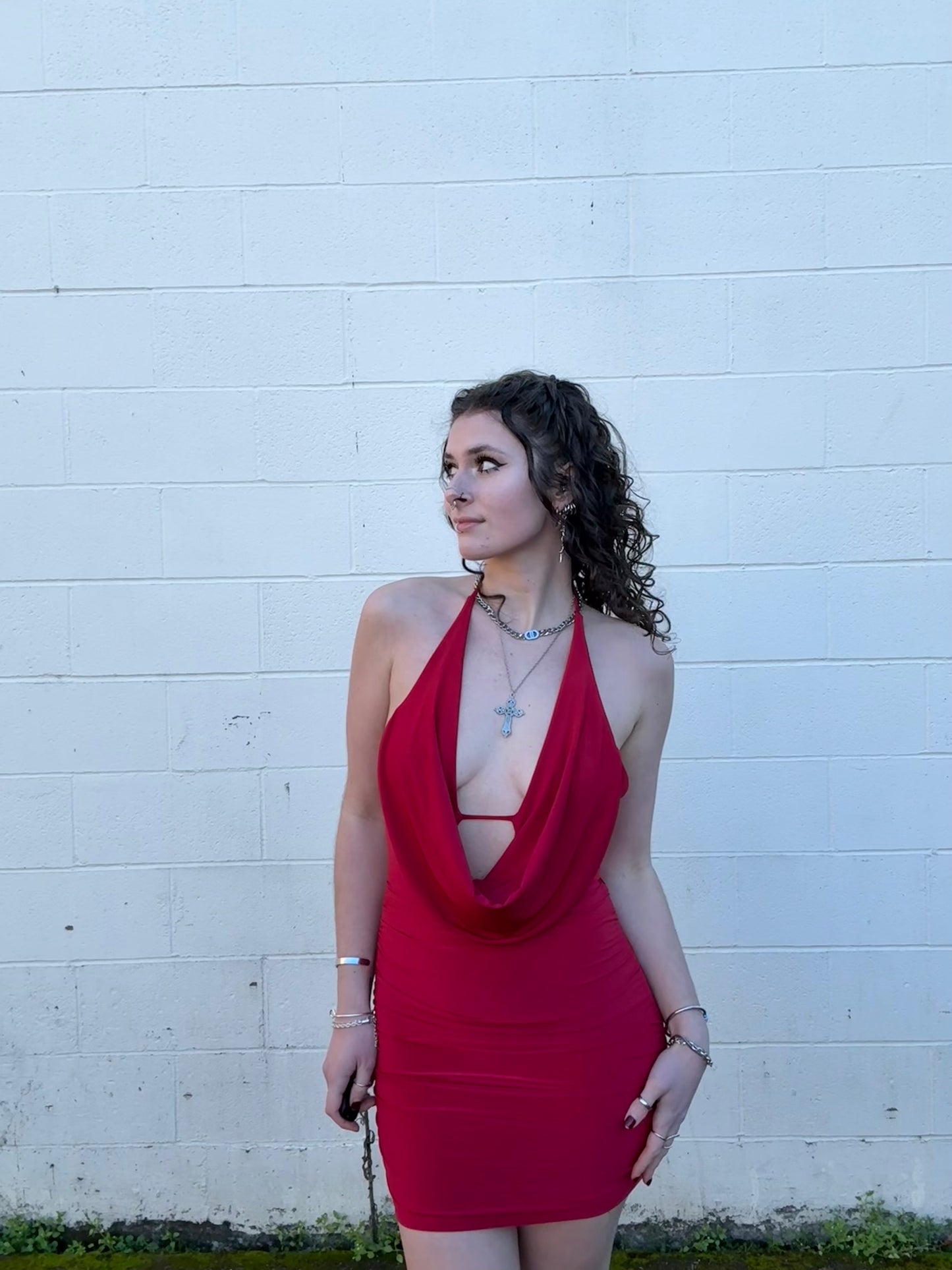 Cowl Neck Halter Open Back Mini Dress
