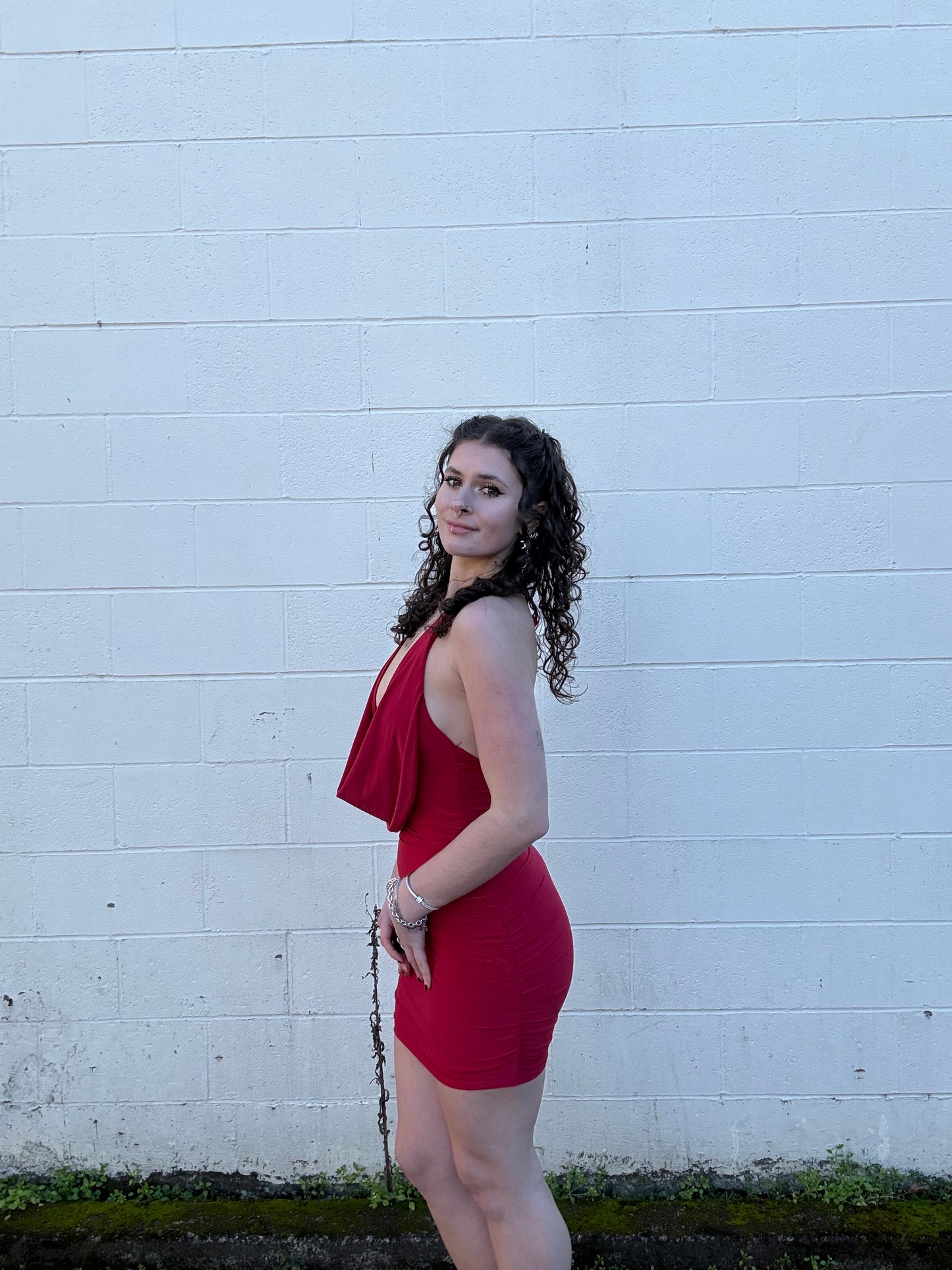 Cowl Neck Halter Open Back Mini Dress