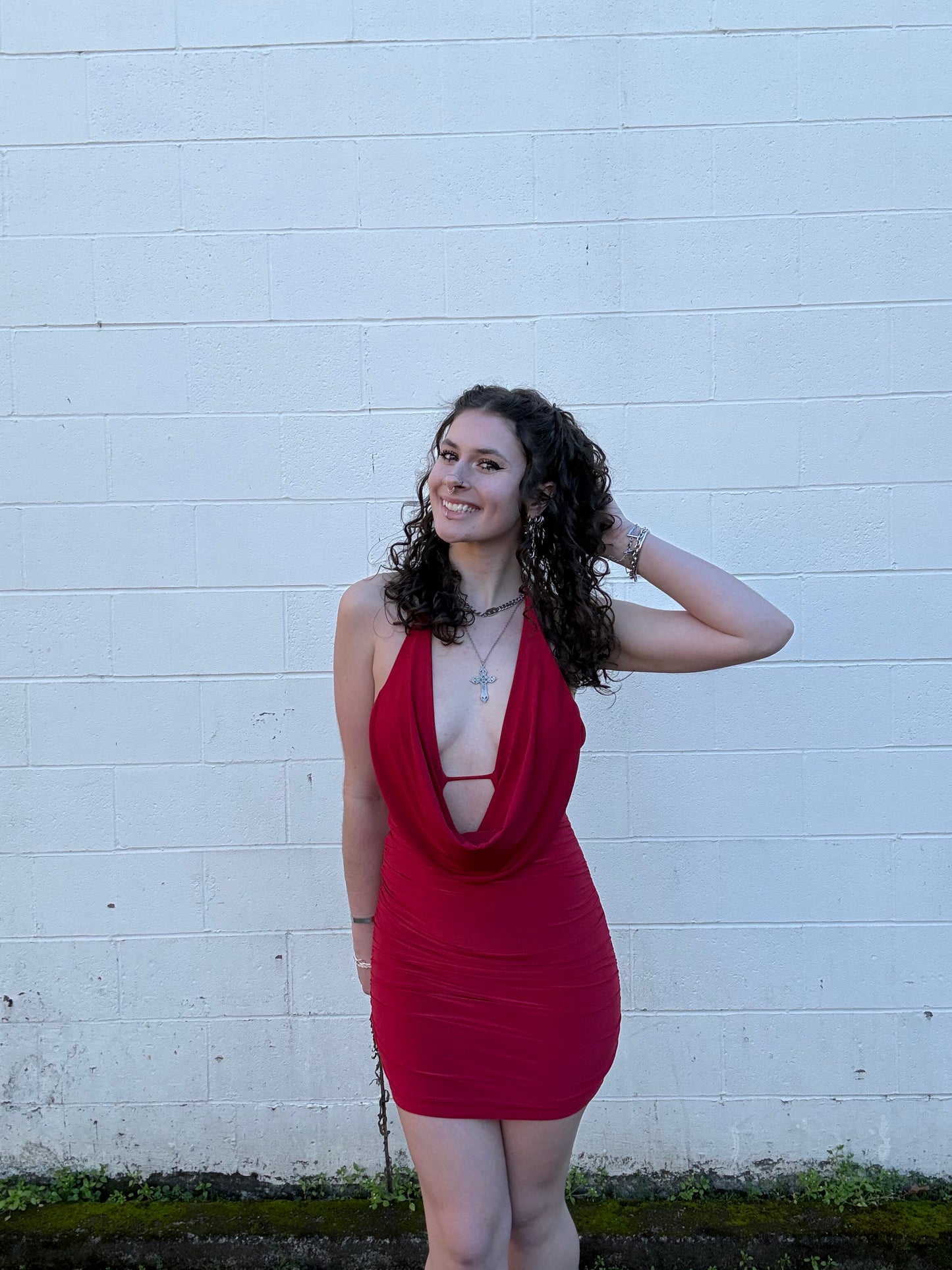 Cowl Neck Halter Open Back Mini Dress