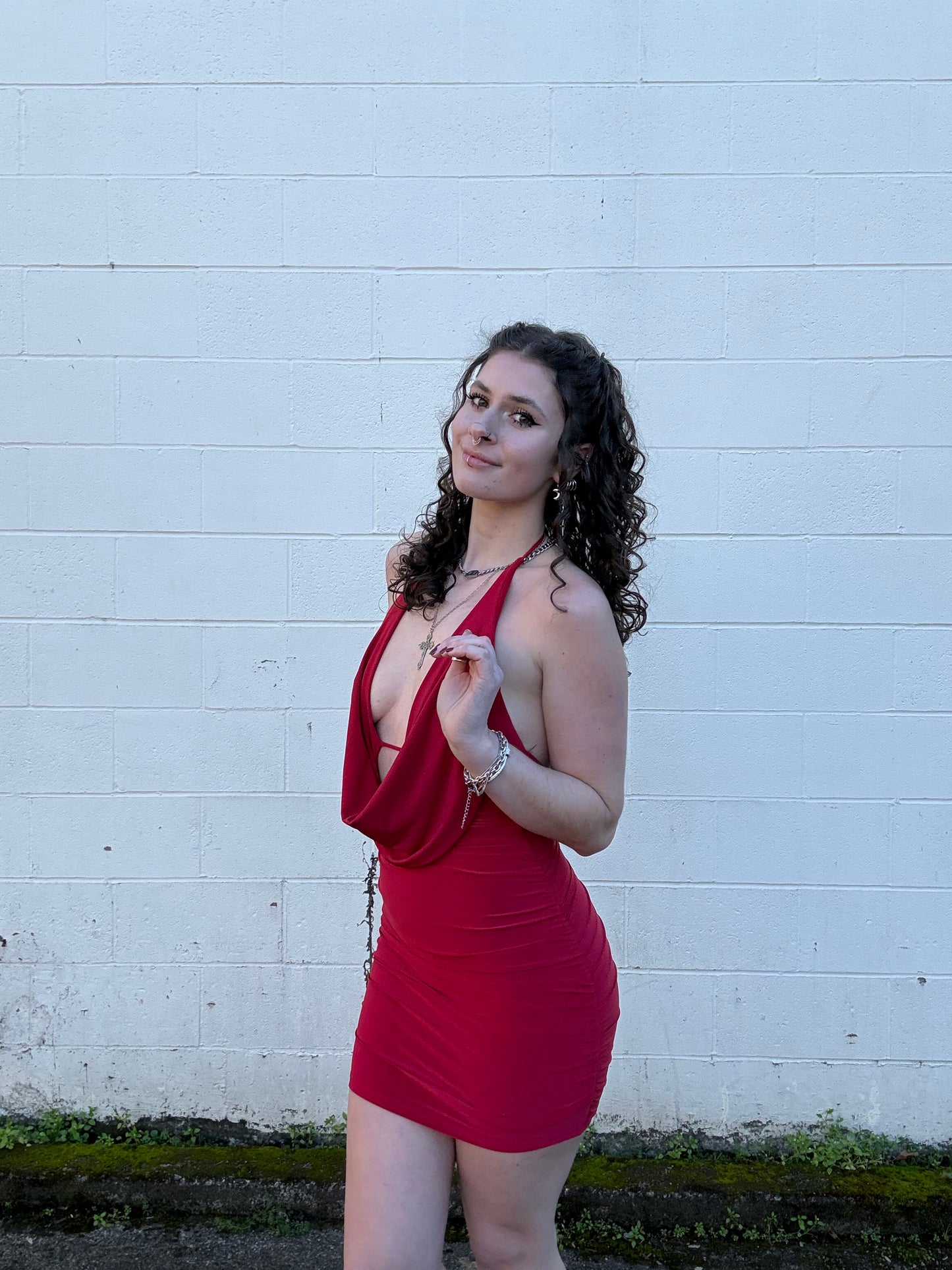 Cowl Neck Halter Open Back Mini Dress