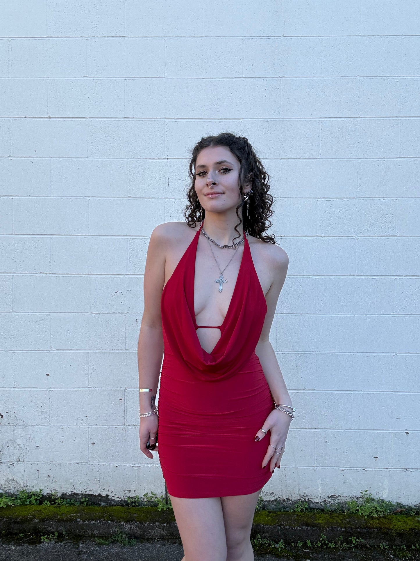 Cowl Neck Halter Open Back Mini Dress