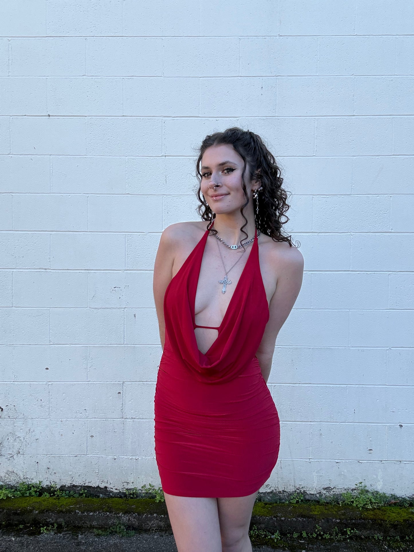 Cowl Neck Halter Open Back Mini Dress