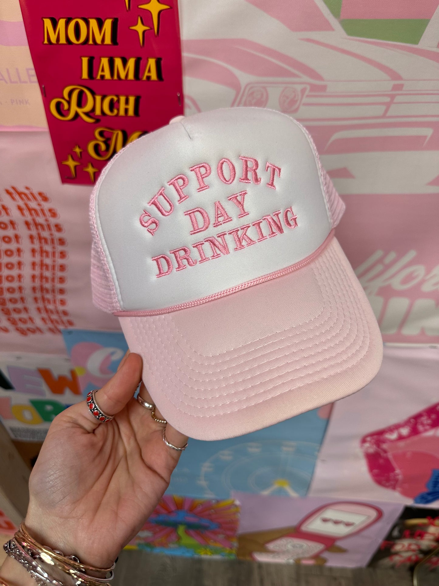 Support Day Drinking Trucker Hat: Baby Pink/Pink