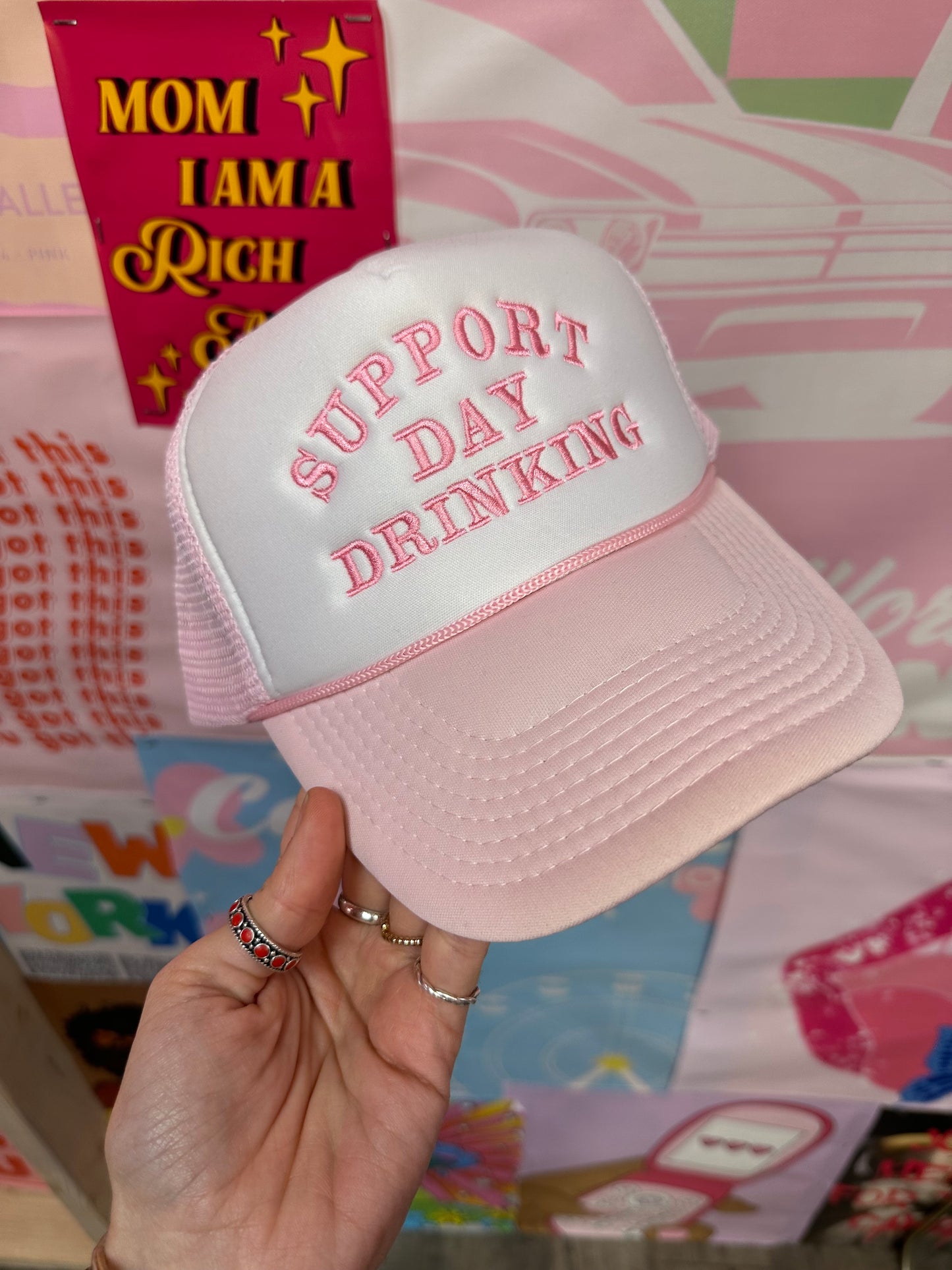 Support Day Drinking Trucker Hat: Baby Pink/Pink