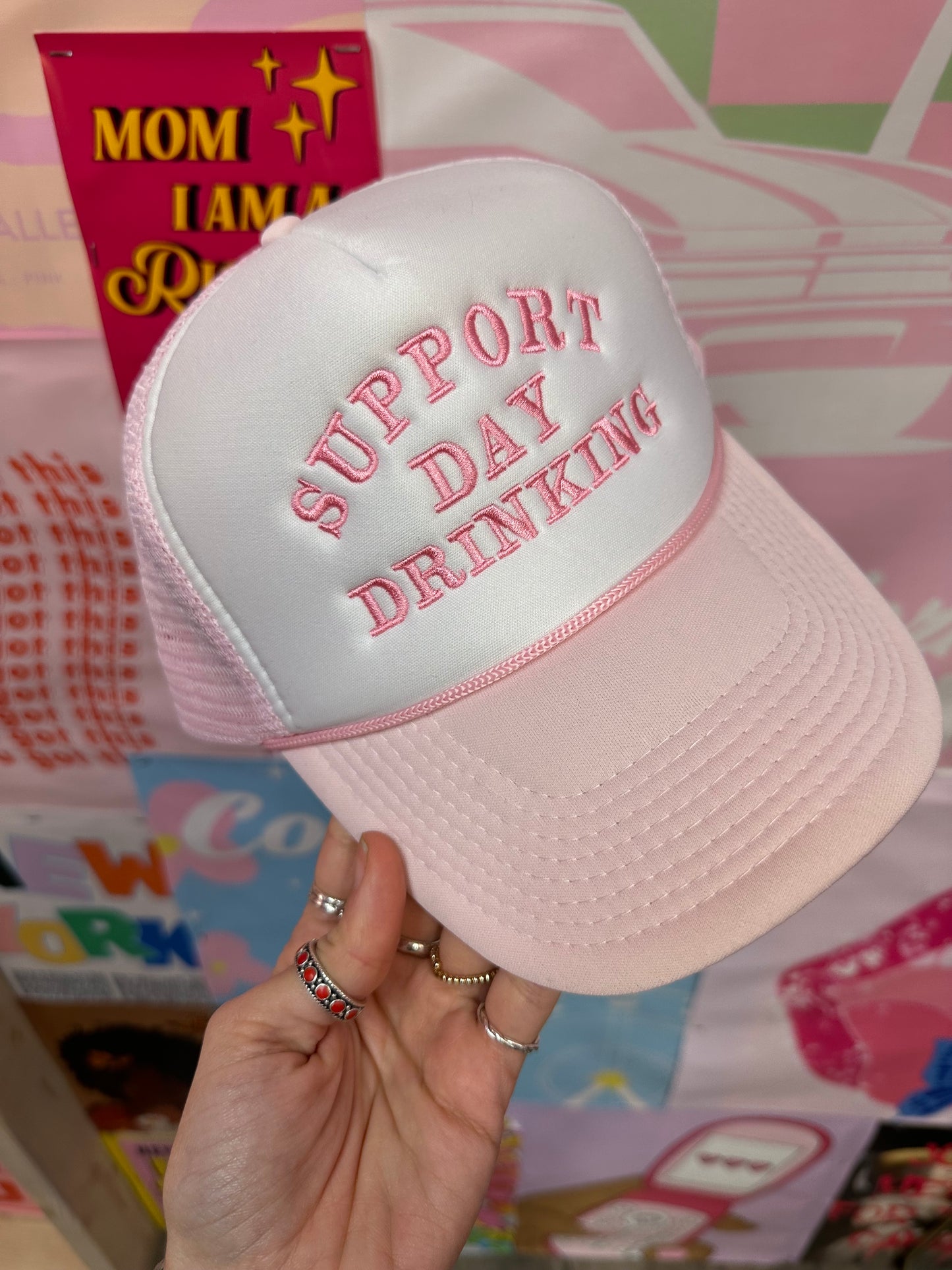 Support Day Drinking Trucker Hat: Baby Pink/Pink