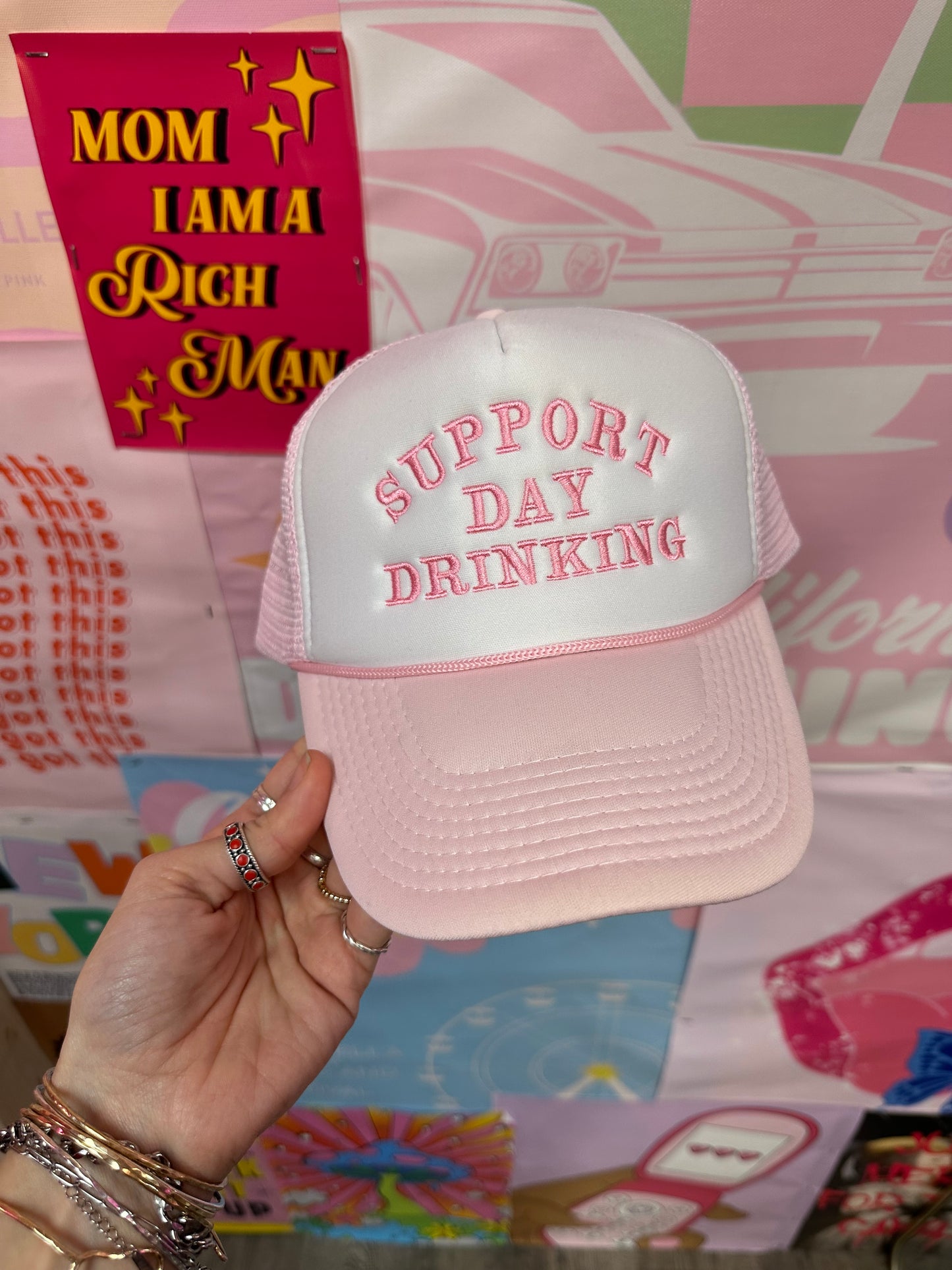 Support Day Drinking Trucker Hat: Baby Pink/Pink