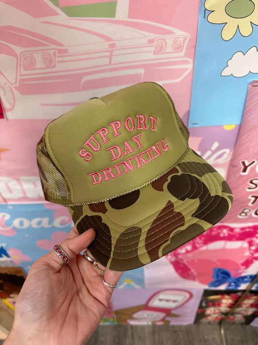 Support Day Drinking Trucker Hat: Green Camo