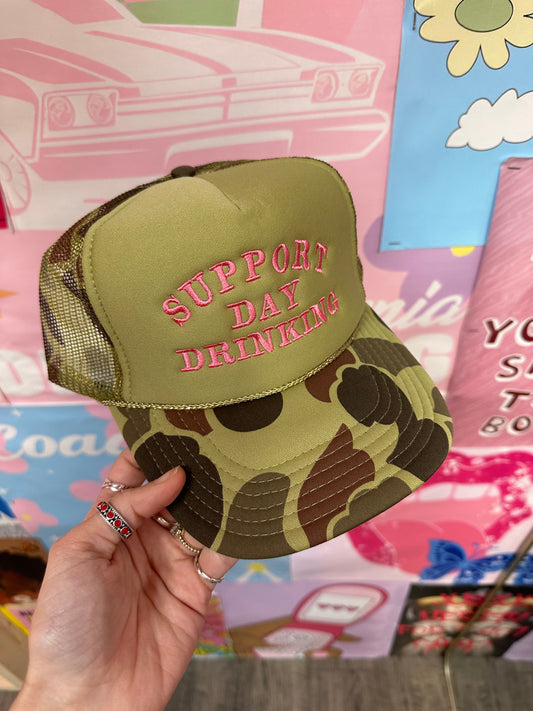 Support Day Drinking Trucker Hat: Green Camo