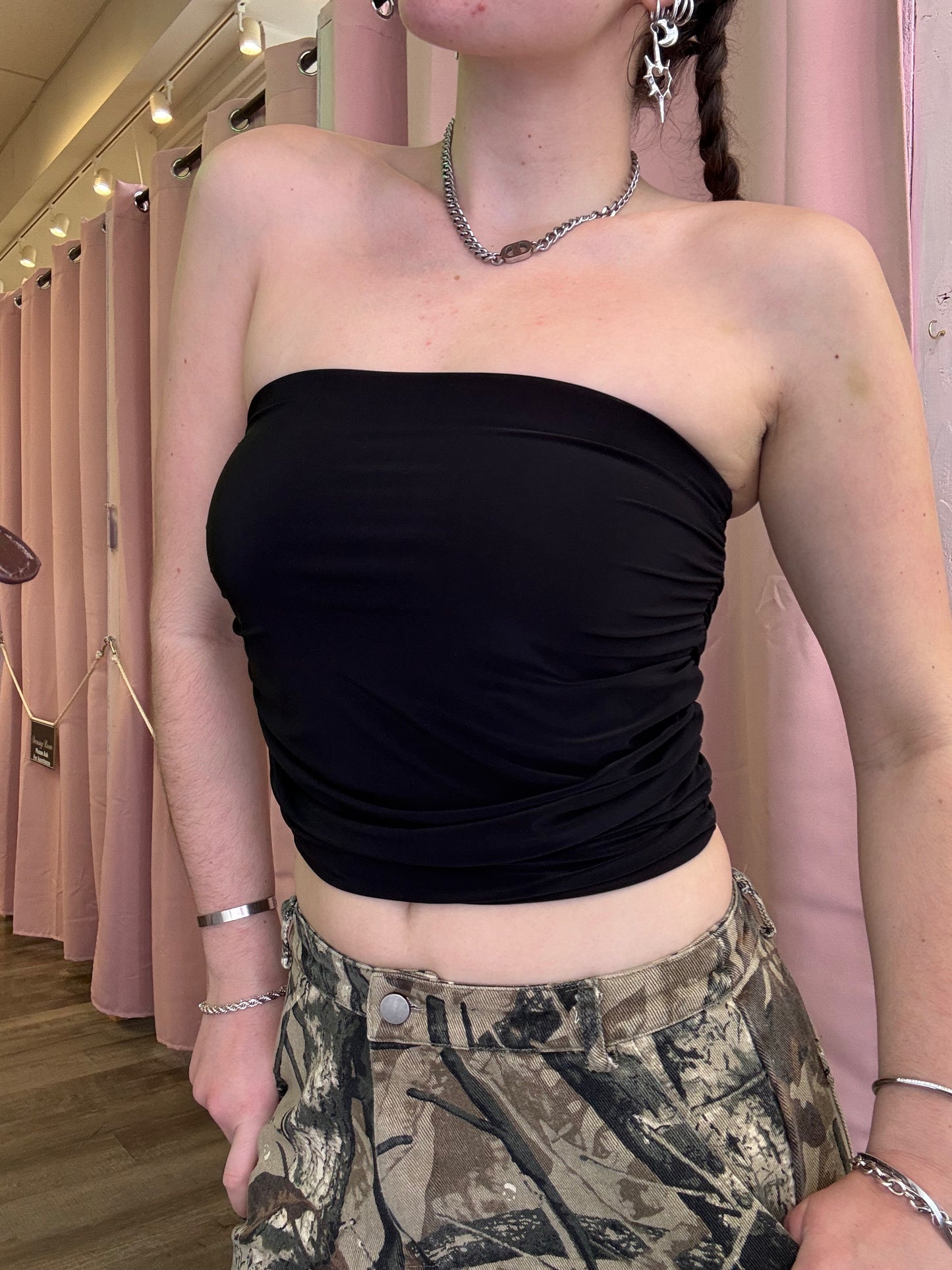 Ruched Side Black Tube Top