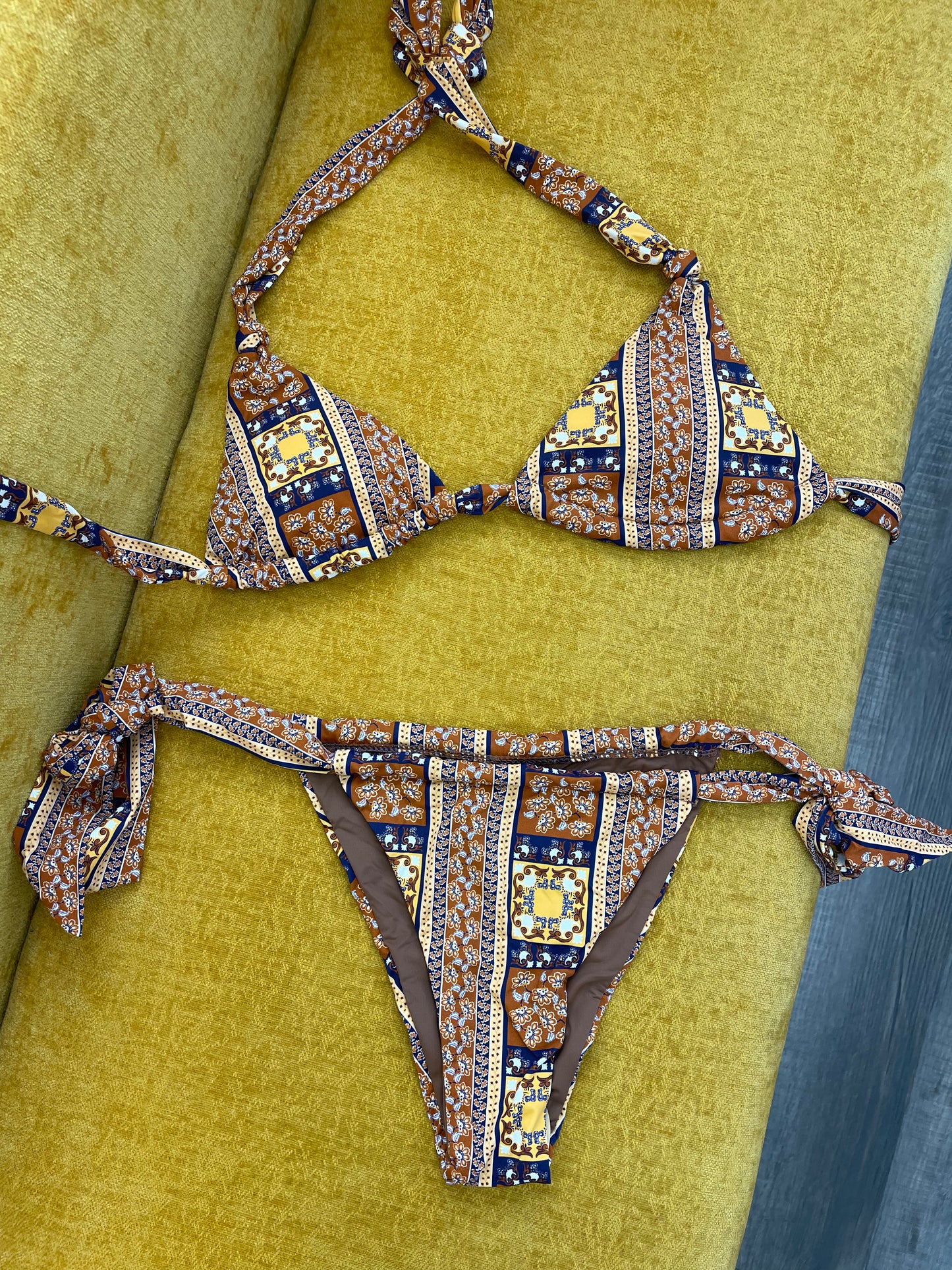 Brown and Blue Pattern Bikini