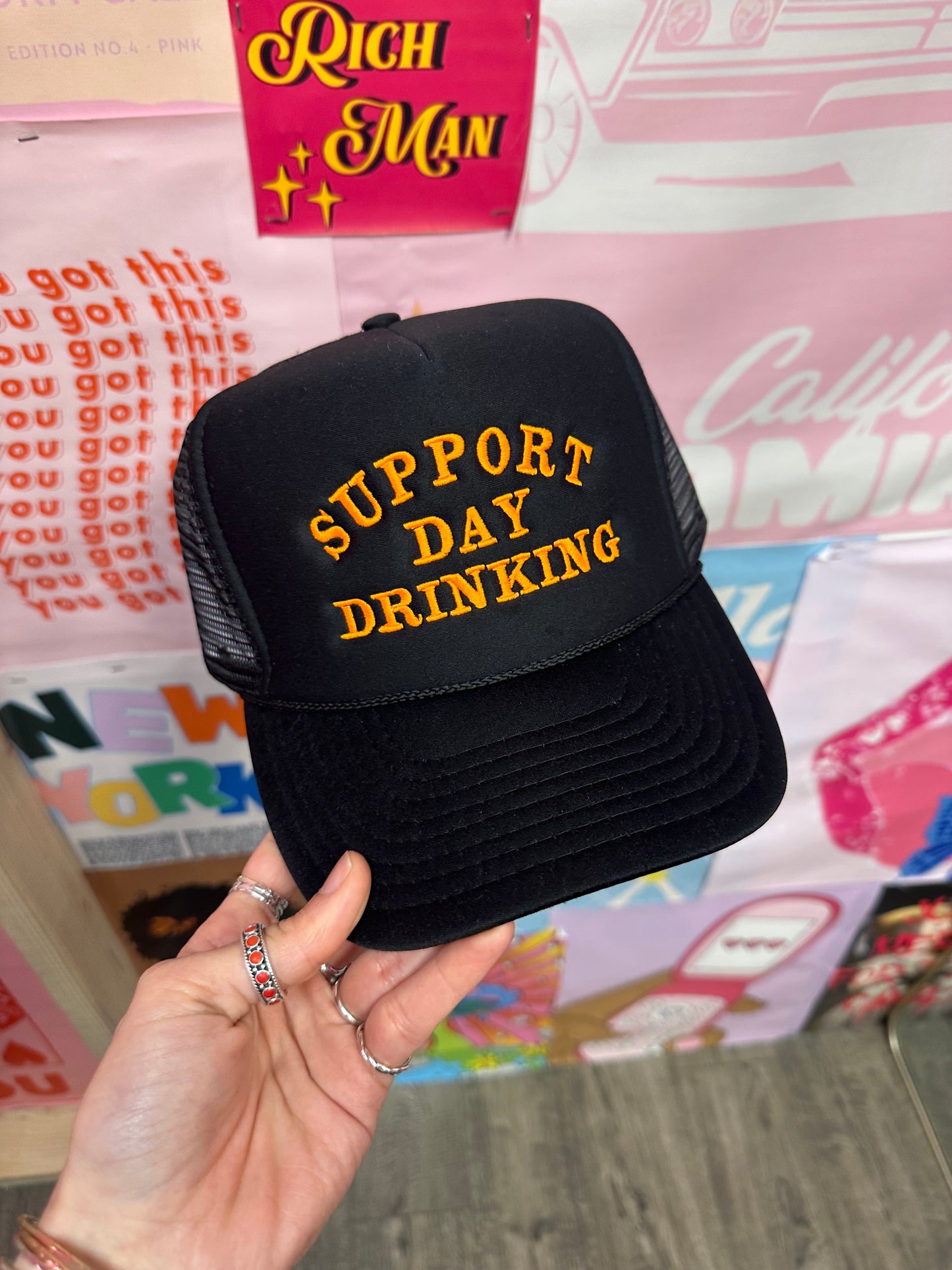 Support Day Drinking Trucker Hat: Black/Orange