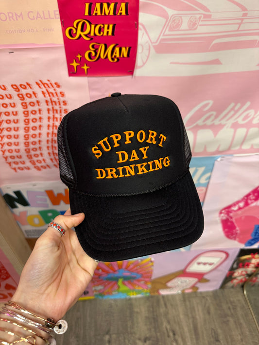 Support Day Drinking Trucker Hat: Black/Orange