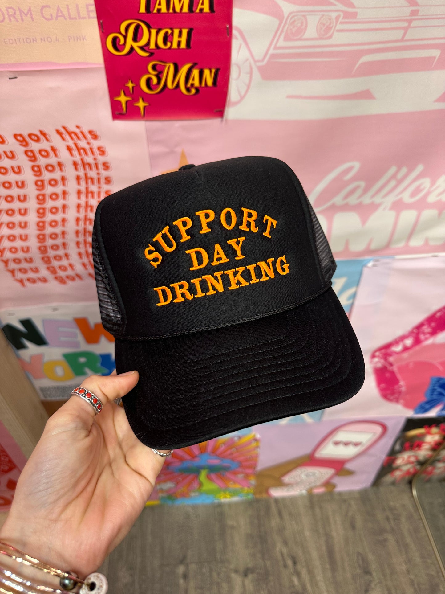 Support Day Drinking Trucker Hat: Black/Orange