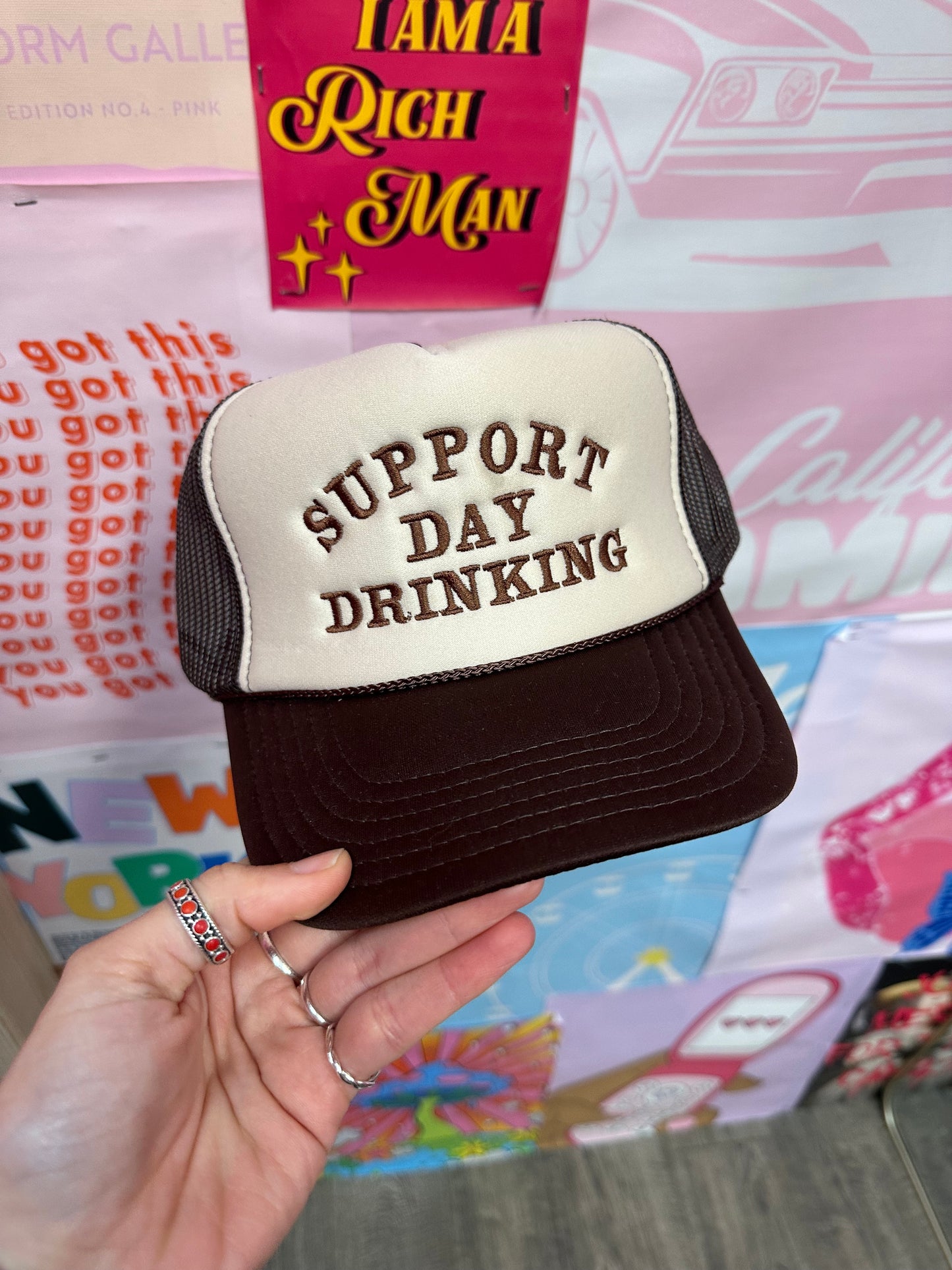 Support Day Drinking Trucker Hat: Brown/Tan/Brown