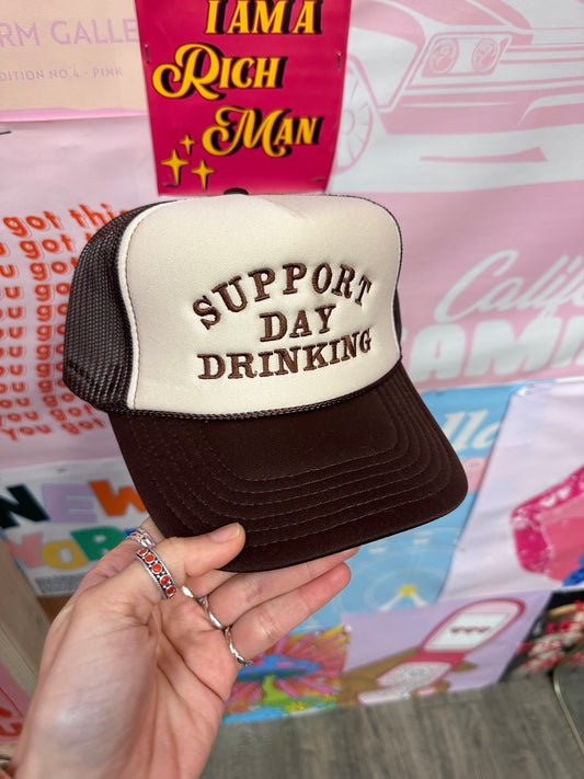 Support Day Drinking Trucker Hat: Brown/Tan/Brown