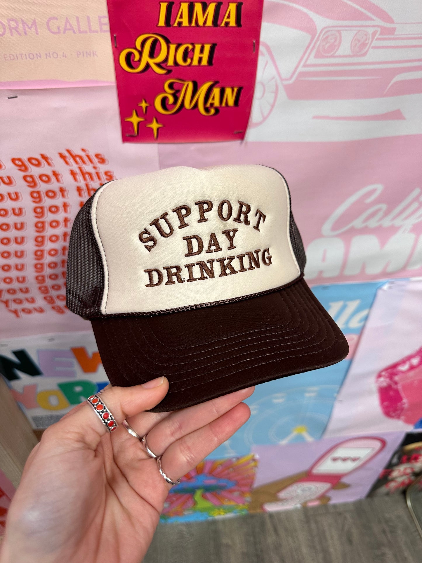 Support Day Drinking Trucker Hat: Brown/Tan/Brown