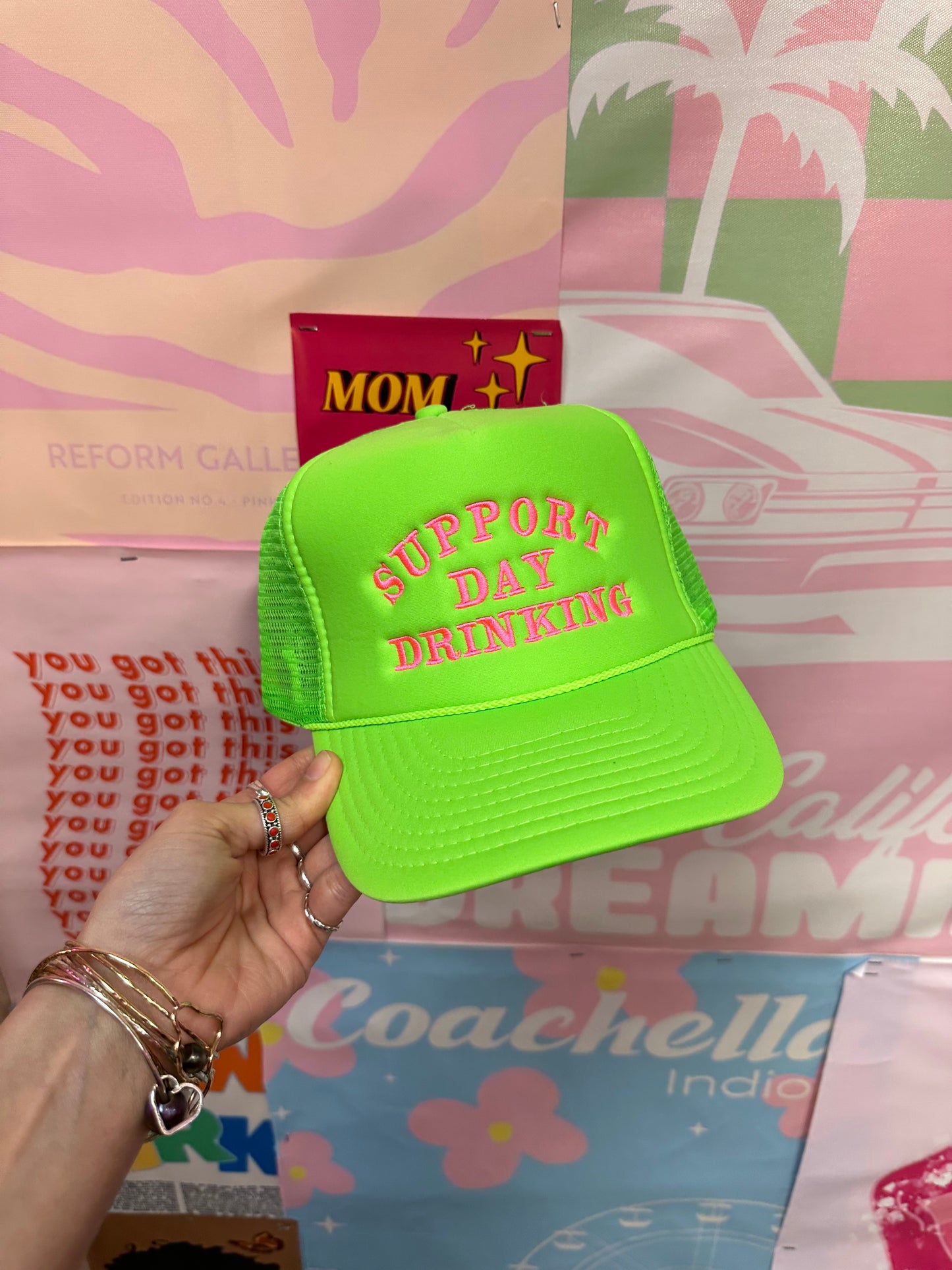 Support Day Drinking Trucker Hat: Neon Green/Pink