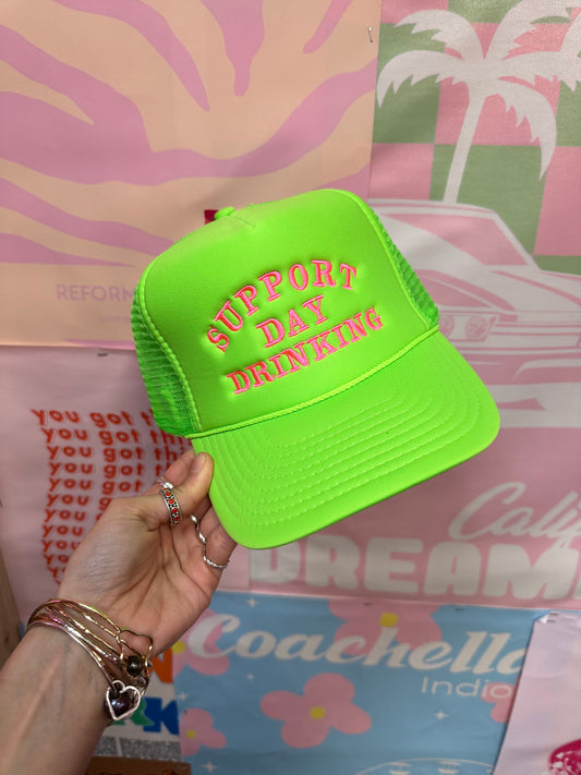 Support Day Drinking Trucker Hat: Neon Green/Pink