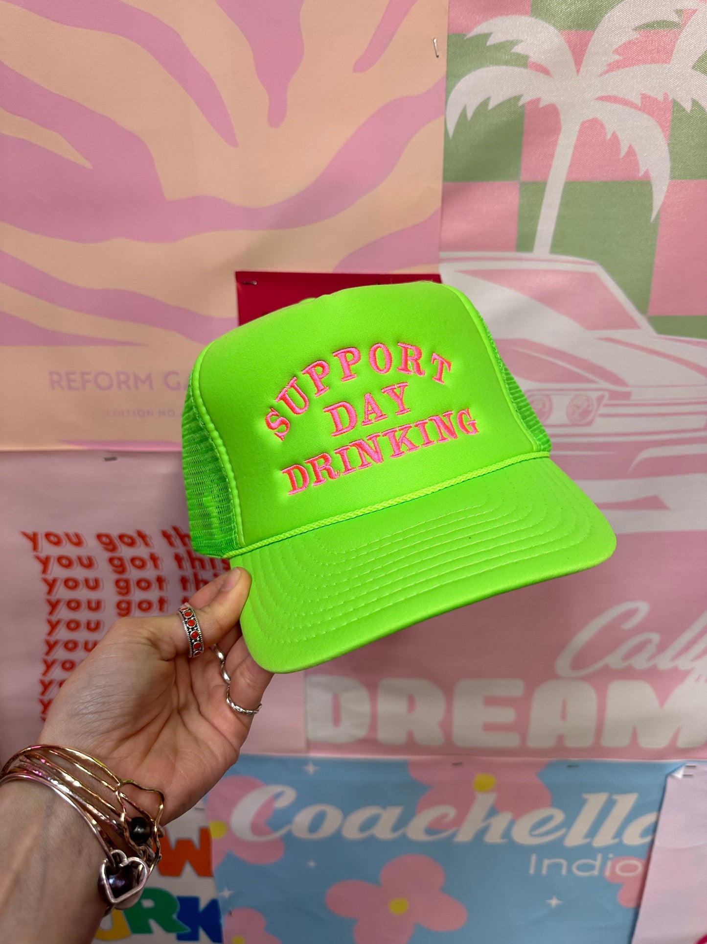 Support Day Drinking Trucker Hat: Neon Green/Pink