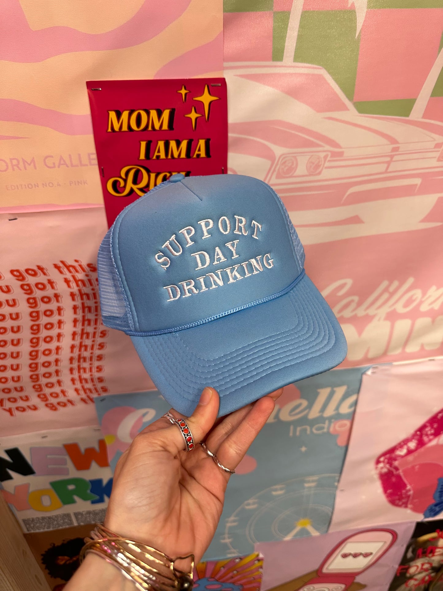 Support Day Drinking Trucker Hat: Blue/White